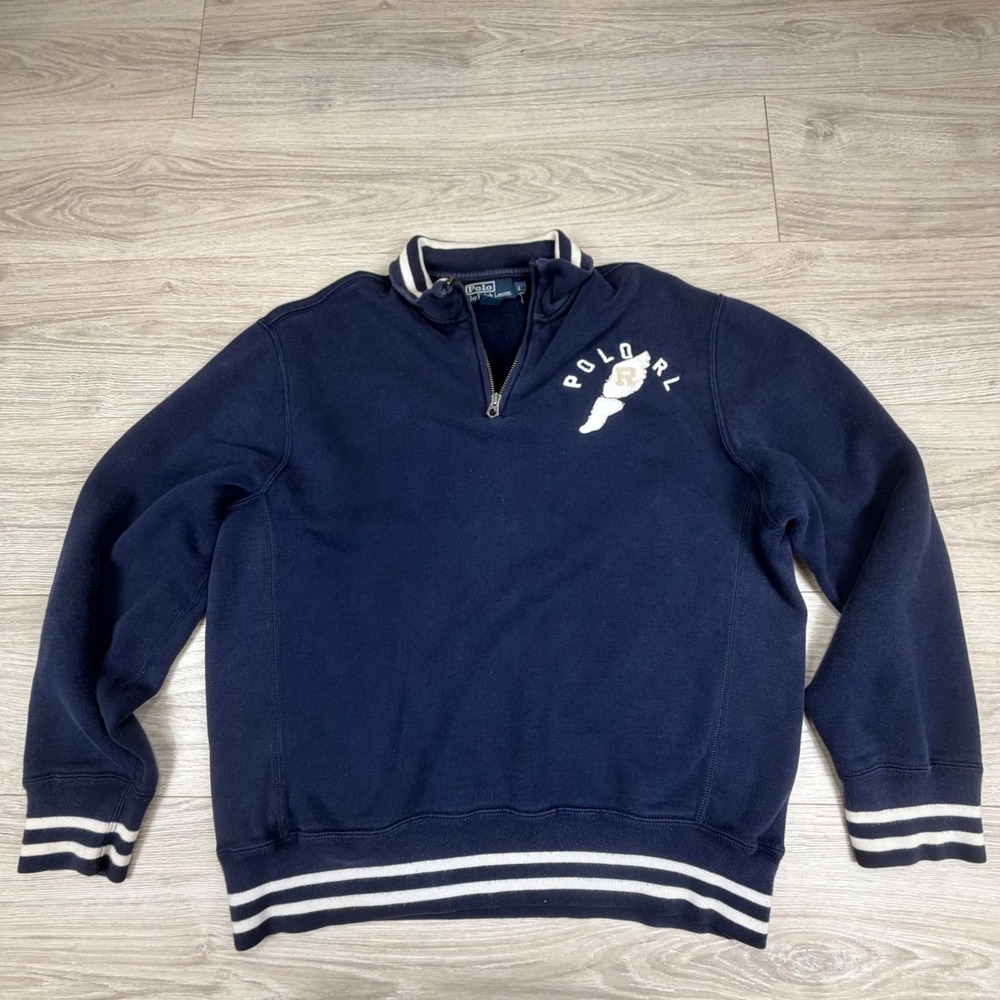 Polo Ralph Lauren Quarter Zip Sweatshirt Mens Large Navy Blue Varsity Wing Patch